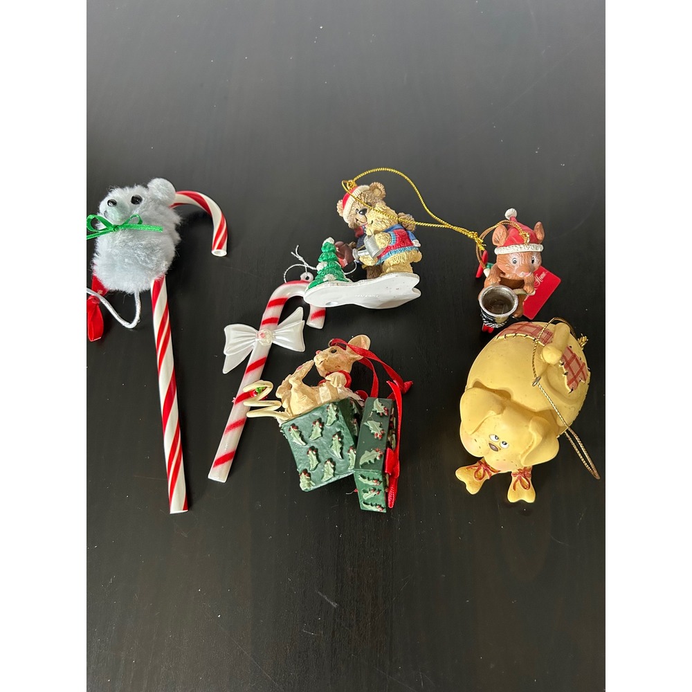 Christmas Ornaments Holiday Bulk Lot Vintage Mouse Bear Dog Candy Cane Resin 6pc